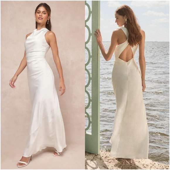 LULU’S Effortlessly Sensational White Satin Backless Maxi Dress - Picture 1 of 7